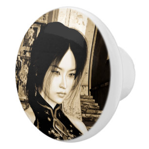 Bouton De Porte En Céramique Portrait d'une femme asiatique vintage