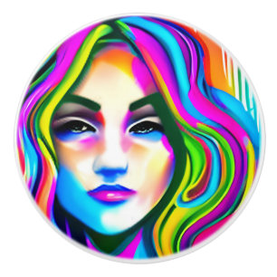 Bouton De Porte En Céramique Portrait Rétro d'une Femme aux Cheveux Arc-en-Ciel