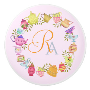 Bouton De Porte En Céramique Pots de thé et tasses Monogram Pastel Rose