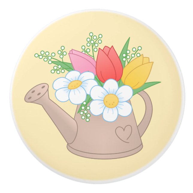 Bouton De Porte En Céramique Poubelle d'arrosage de jardin avec fleurs sur Jaun (Devant)