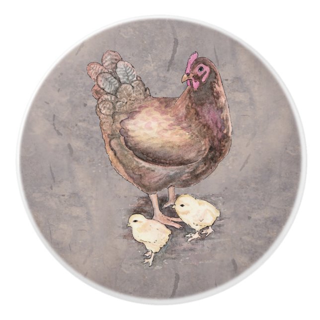 Bouton De Porte En Céramique Poule de mère et aquarelle de poussins (Devant)