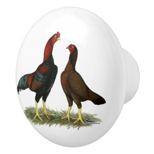 Bouton De Porte En Céramique Poules Aseel Black Red