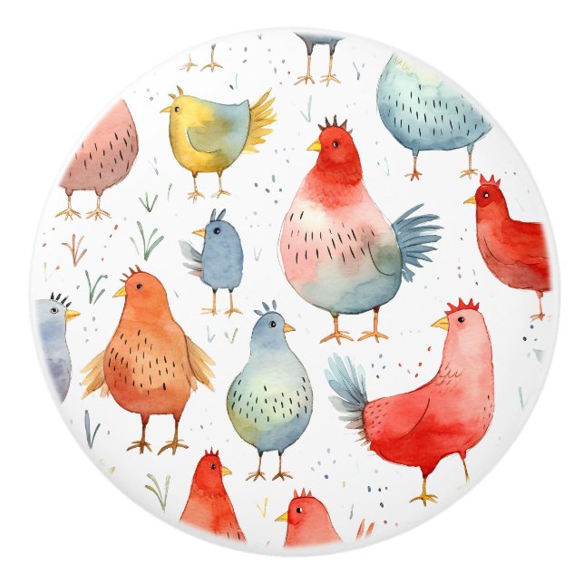 Bouton De Porte En Céramique Poulets d'élevage (Devant)