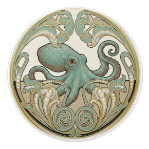Bouton De Porte En Céramique Poulpe Aqua Vert Crème et Or Art Déco Nouveau