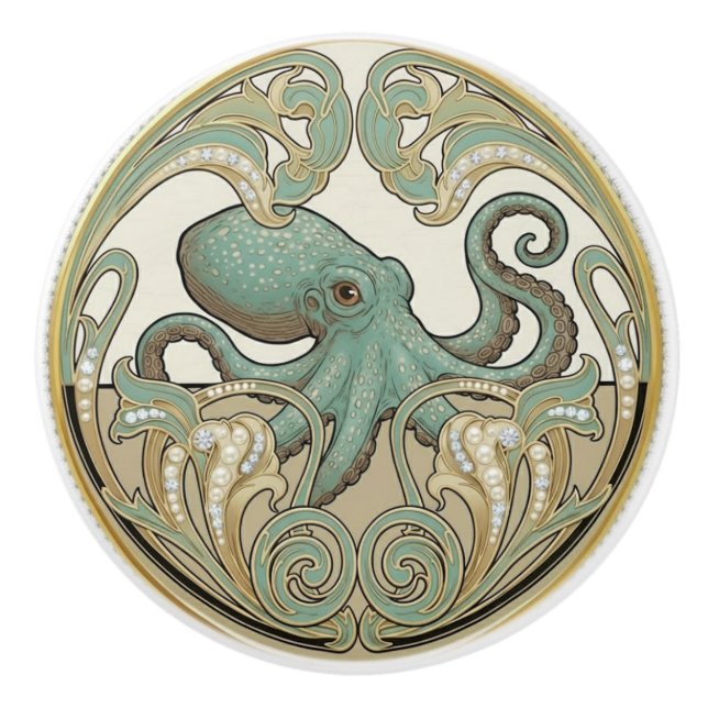 Bouton De Porte En Céramique Poulpe Aqua Vert Crème et Or Art Déco Nouveau (Devant)