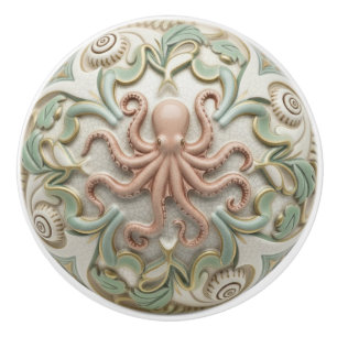 Bouton De Porte En Céramique Poulpe Faux Relief Mer Océan Crème Or & Vert