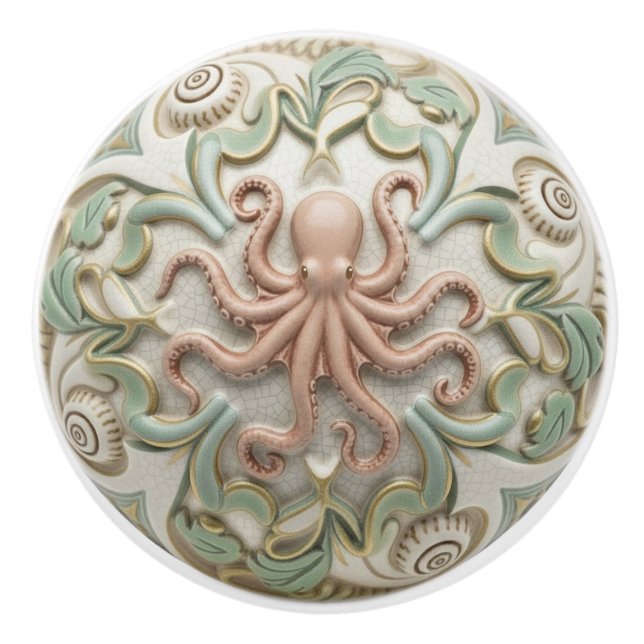 Bouton De Porte En Céramique Poulpe Faux Relief Mer Océan Crème Or & Vert (Devant)