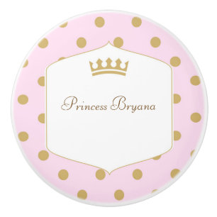 Bouton De Porte En Céramique Poupée rose et or à pois couronne de princesse