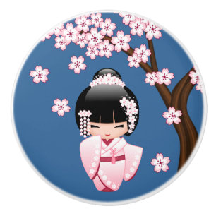 Bouton De Porte En Céramique Poupée blanche Kimono Kokeshi - mignonne Geisha Gi