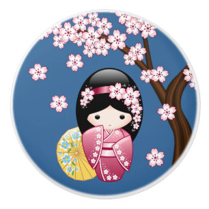 Bouton De Porte En Céramique Poupée de Kokeshi de ressort - geisha japonais