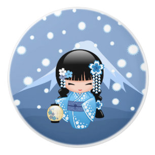 Bouton De Porte En Céramique Poupée de Kokeshi d'hiver - fille de geisha bleue