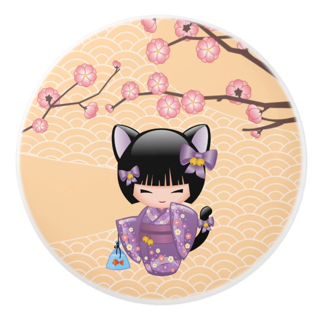 Bouton De Porte En Céramique Poupée de Neko Kokeshi - fille de geisha (Devant)