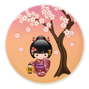 Bouton De Porte En Céramique Poupée de Sakura Kokeshi - fille de geisha sur la