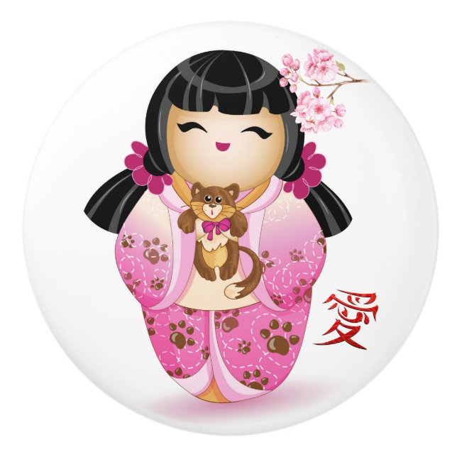 Bouton De Porte En Céramique Poupée japonaise Kokeshi Love (Devant)