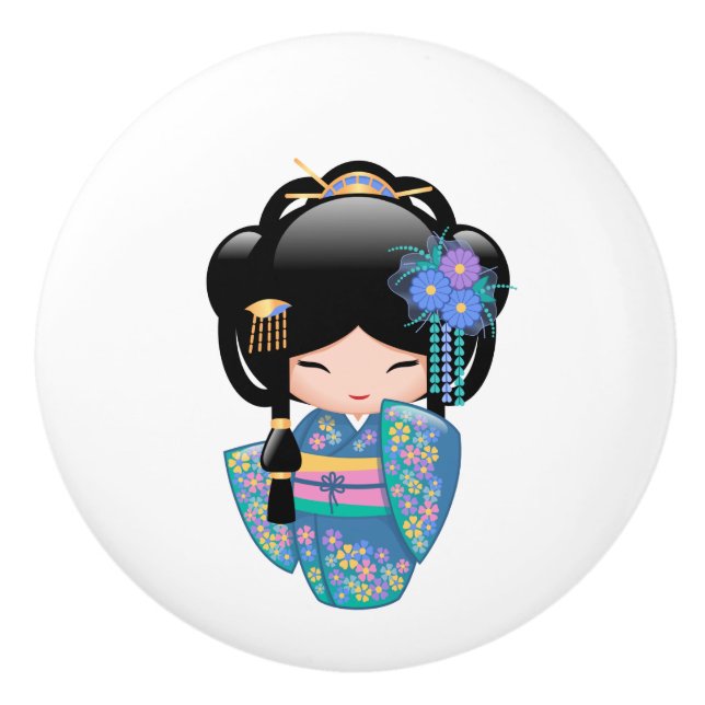 Bouton De Porte En Céramique Poupée Keiko Kokeshi - Blue Kimono Geisha Girl (Devant)