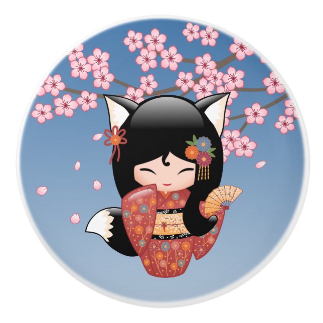 Bouton De Porte En Céramique Poupée Kitsune Kokeshi - Black Fox Geisha Girl (Devant)