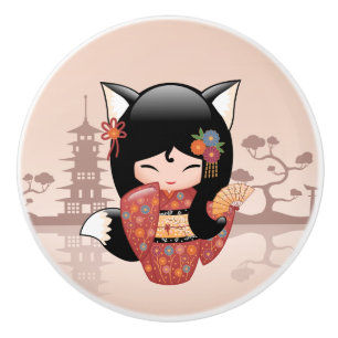 Bouton De Porte En Céramique Poupée Kitsune Kokeshi - jolie fille Black Fox
