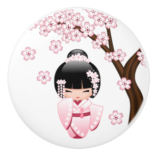 Bouton De Porte En Céramique Poupée Kokeshi en Kimono Rose