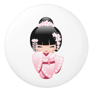 Bouton De Porte En Céramique Poupée Kokeshi en Kimono Rose Kawaii