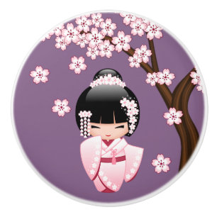 Bouton De Porte En Céramique Poupée Kokeshi Kawaii en kimono rose sur fond viol