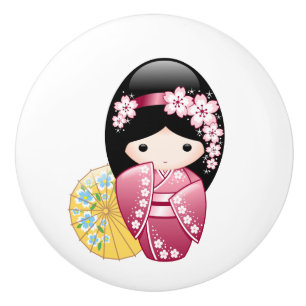 Bouton De Porte En Céramique Poupée Kokeshi Printemps - Cute Japonaise Geisha G