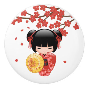 Bouton De Porte En Céramique Poupée Rouge Sakura Kokeshi - Cute Japonaise Geis