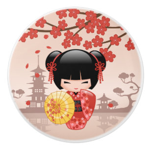 Bouton De Porte En Céramique Poupée rouge Sakura Kokeshi - Geisha japonais