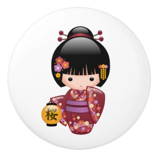 Bouton De Porte En Céramique Poupée Sakura Kokeshi - Geisha Girl sur blanc