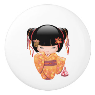 Bouton De Porte En Céramique Poupée Ume Kokeshi - Japonaise Pêche Geisha Girl