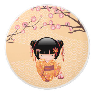 Bouton De Porte En Céramique Poupée Ume Kokeshi - Japonaise Pêche Geisha Girl