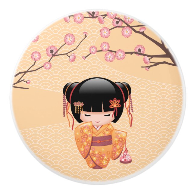 Bouton De Porte En Céramique Poupée Ume Kokeshi - Japonaise Pêche Geisha Girl (Devant)
