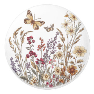 Bouton De Porte En Céramique Pré Fleur sauvage vintage avec papillons