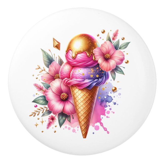 Bouton De Porte En Céramique Pretty Pink and Gold Ice Cream Cone Birthday (Devant)