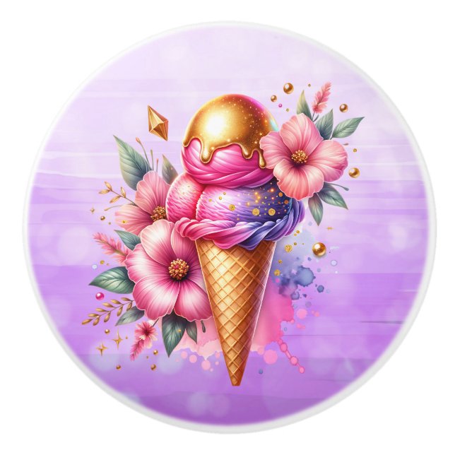 Bouton De Porte En Céramique Pretty Pink and Gold Ice Cream Cone Birthday (Devant)