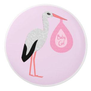 Bouton De Porte En Céramique Pretty Pink Baby Girl Stork