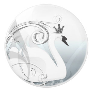 Bouton De Porte En Céramique Princesse cygne argent et blanc élégant chic