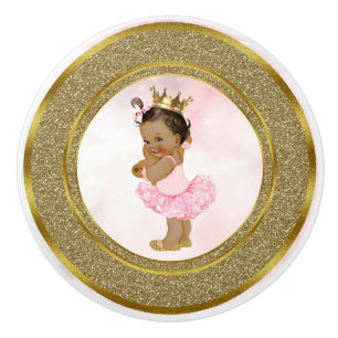 Bouton De Porte En Céramique Princesse Pailletée Rose et Or Vintage Tan Bébé Fi