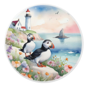 Bouton De Porte En Céramique Puffins by the Sea - Ocean Flowers & Lighthouse