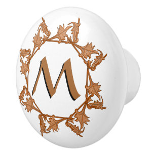 Bouton De Porte En Céramique Pulls de tiroir - Cercle de feuilles et initiale