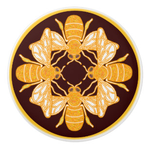 Bouton De Porte En Céramique Quatre abeilles héraldiques sur fond brun chocolat