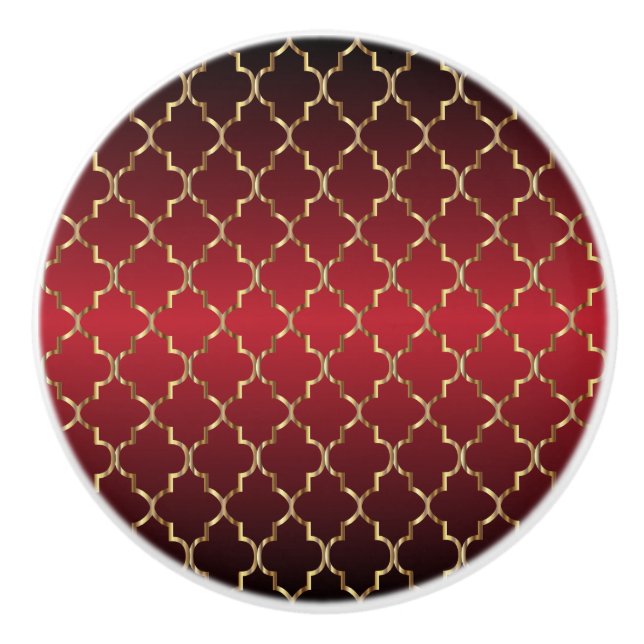 Bouton De Porte En Céramique Quatrefoil rouge profond et or riche (Devant)