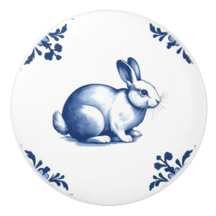 Bouton De Porte En Céramique Rabbit avec des angles floraux bleus et blancs