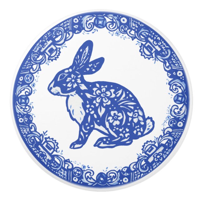 Bouton De Porte En Céramique Rabbit Blue Willow Design Jote Bunny Visages gauch (Devant)