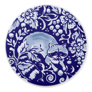 Bouton De Porte En Céramique Raccoon bleu foncé Bois Animaux Floraux Cobalt