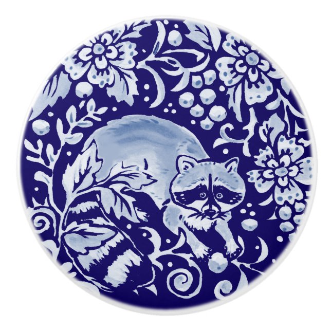 Bouton De Porte En Céramique Raccoon bleu foncé Bois Animaux Floraux Cobalt (Devant)