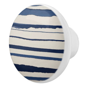 Bouton De Porte En Céramique rayures abstraites bleues et blanches horizontales