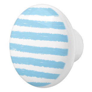 Bouton De Porte En Céramique Rayures aquarelles bleu ciel et blanc