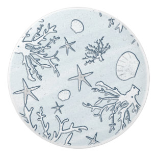 Bouton De Porte En Céramique Récif de Corail & Coquillages Plage Bleu Gris