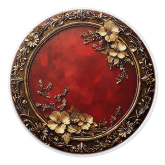 Bouton De Porte En Céramique Red and Gold Dark Academia Floral Design