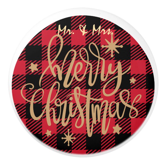 Bouton De Porte En Céramique Red Buffalo Plaid Mr & Mrs Joyeux Noël (Devant)